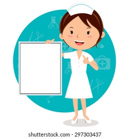 Cheerful nurse with board. Vector illustration of a smiling nurse with medical icons background.