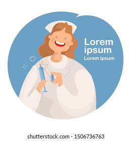 Cheerful nurse with injection syringe. Vector illustration of a smiling nurse with medical icons background.