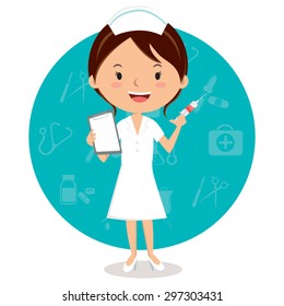 Cheerful nurse with injection syringe. Vector illustration of a smiling nurse with medical icons background.