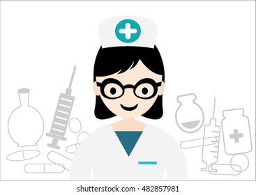 Cheerful nurse with injection syringe. Vector illustration of a smiling nurse with medical icons background.