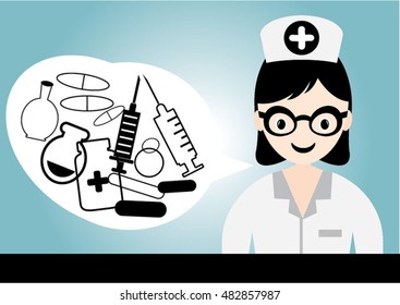 Cheerful nurse with injection syringe. Vector illustration of a smiling nurse with medical icons background.