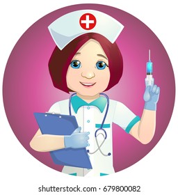 Cheerful nurse with injection syringe. Vector illustration of a smiling nurse with medical icons background.