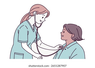 Uma enfermeira alegre em esfregões usa um estetoscópio para ouvir o peito de um paciente. A ilustração mostra uma interação positiva e atenta com o sistema de saúde.