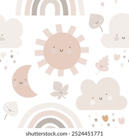 Cheerful Nursery Vector Pattern with Cute Weather Elements