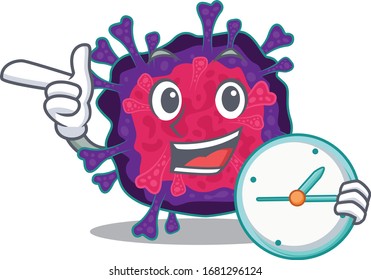 Cheerful nyctacovirus cartoon character style with clock