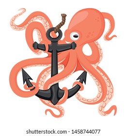 Cheerful octopus with an anchor on a white background.