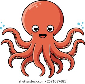 A cheerful octopus with big eyes and a smiling expression floats playfully, surrounded by bubbles in a simple, colorful design.