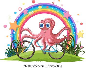 Cheerful octopus cycling beneath a colorful rainbow