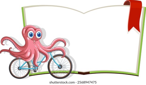 Cheerful octopus cycling beside an open book