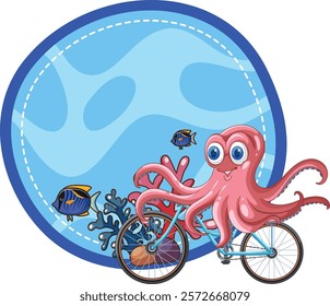 Cheerful octopus cycling with fish companions