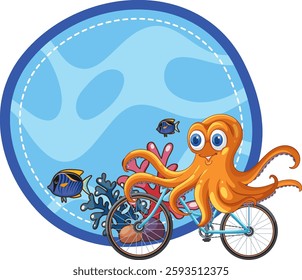 Cheerful octopus cycling with fish and coral