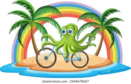 Cheerful octopus cycling on a tropical island