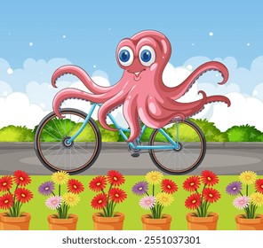 Cheerful octopus cycling through colorful flower pots