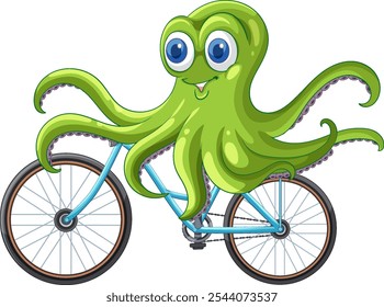 Cheerful octopus happily cycling on a blue bike