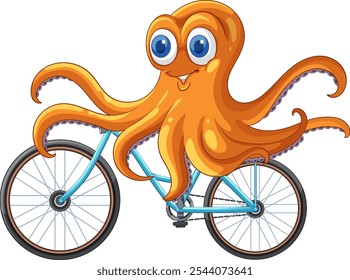 Cheerful octopus joyfully cycling on a blue bike