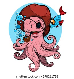 Cheerful octopus pirate, emotional character.