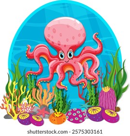 Cheerful octopus surrounded by colorful underwater plants