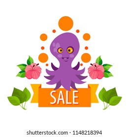 Cheerful octopus surrounded by sea stars illustration for thematic publications and design items.