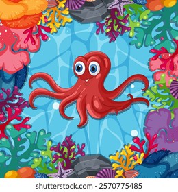 Cheerful octopus surrounded by vibrant coral reef