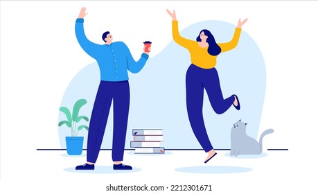 Cheerful office people - Two happy characters, man and woman smiling, cheering and celebrating success. Flat design cartoon illustration with white background