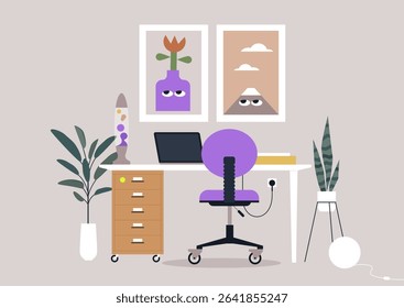 In a cheerful office space, a round chair complements a sleek desk adorned with plants and quirky artwork, creating an inspiring environment for productivity and creativity