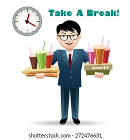 Cheerful office worker with soft drinks, coffee, donuts and pizza. Isolated on white background. Only free font used.