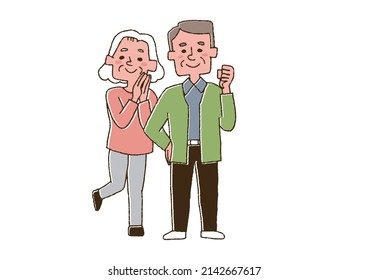 A cheerful and cheerful old couple, a comical handwritten person, a vector, a line drawing and a color