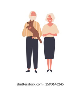 Cheerful old couple flat vector illustration. Aged man and woman, senior adults standing together cartoon characters. Elderly married pair, husband and wife with dog. Happy marriage, retirement.