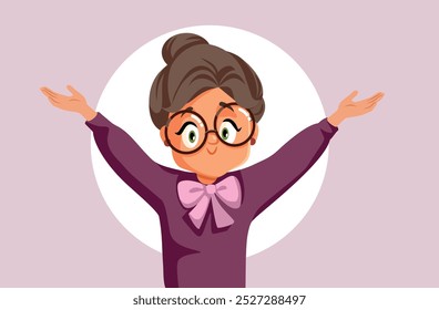 
Cheerful Old Lady with Arms Raised Vector Illustration. Happy energetic mature woman feeling healthy and joyful
