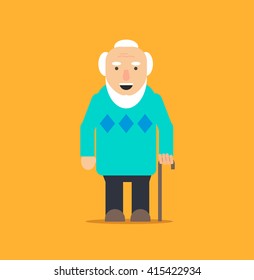 Cheerful old man with beard standing alone with cane. Walking senior man character, vector illustration