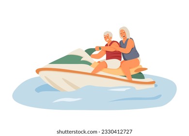 Cheerful old man and female companion riding on water scooter. Happy and modern pensioners having fun. Active senior adults concept. Recreation on water. Flat vector illustration in warm colors