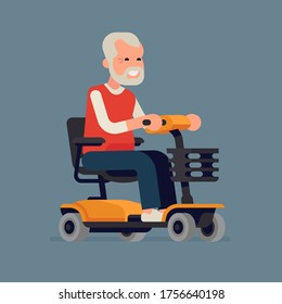 Cheerful old man riding an electric powered wheelchair. Personal mobility and barrier free environment concept vector illustration