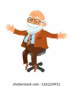 A cheerful old man sitting on a chair. Isolated 2D illustration. Vector