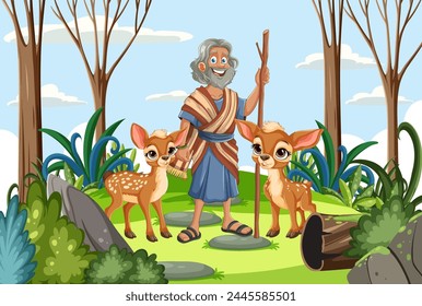 Cheerful old man standing with two young deer
