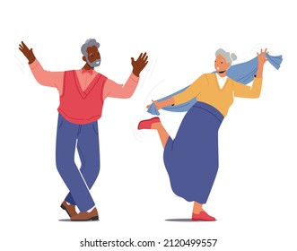 Cheerful Old People Dancers. Elderly Man and Woman Fun, Leisure or Active Hobby Concept. Senior Characters Dance, Pensioners Dancing and Relaxing on Party. Cartoon Vector Illustration