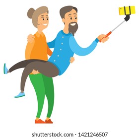 Cheerful old people making selfie, smiling elderly man and woman, grandma holding grandpa with stick and phone, funny pensioners, photography vector