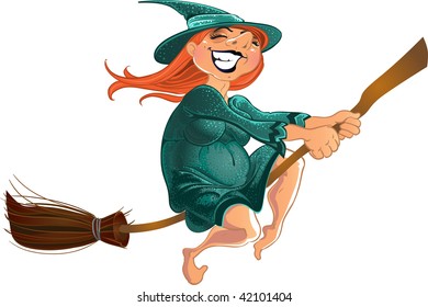 Cheerful old witch on the broom