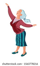 The cheerful old woman raised her hand and reaches up. The figure of a lady in full growth. Isolated image on a white background. Vector stock graphics. In the style of a cartoon, flat.
