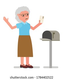The cheerful old woman takes a letter from the mailbox. Vector illustration isolated on white background.