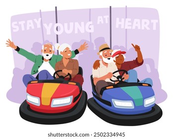 Cheerful Older Adults Having Fun Riding Bumper Cars At An Amusement Park. Cartoon Image Shows Happiness, Joy, And The Importance Of Staying Young At Heart. Vector Scene Of Laughter And Togetherness