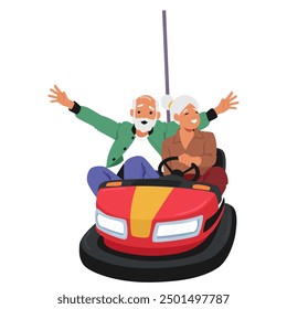 Cheerful Older Couple Having Fun On A Bumper Car Ride. Characters Laughing, Raising Their Arms, And Enjoying An Amusement Park Experience, Highlighting Joy, Adventure, And Togetherness In Senior Years