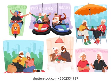 Cheerful Older People Engaging In Diverse Activities, From Riding Scooters To Enjoying Bumper Cars, Outdoor Picnics, Dining, And Coffee Meetings. Concept Of Staying Young At Heart And Celebrating Life