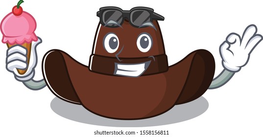 Cheerful on cowboy hat with ice cream cartoon character