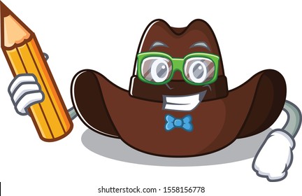 Cheerful On Cowboy Hat Student Holding Pencil Cartoon Character