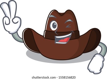 Cheerful on cowboy hat two finger cartoon character