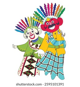 Cheerful Ondel-Ondel pair with welcoming gestures, representing Jakarta’s cultural heritage and tradition.