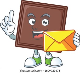 Cheerful one bite chocolate bar mascot design with envelope