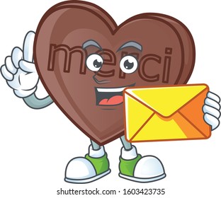 Cheerful one bite love chocolate mascot cartoon with envelope