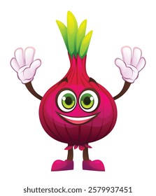 Cheerful onion character with both hands raised, smiling and excited. Vector cartoon illustration