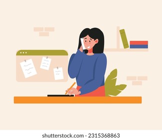 Cheerful online consultant girl helps client through phone call. Modern online call center representatives. Hotline operators helping clients. Customer service communication. Vector